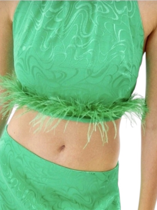 Bershka Green Feather Jacquard Halter Cropped Tie Back Top ASOS - Picture 2 of 10